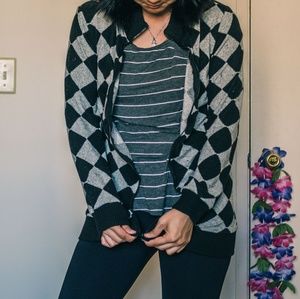 Checkered zip long light weight fur hoodie Small